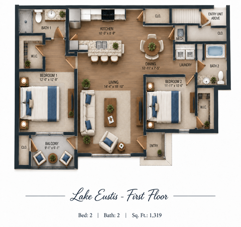 Floor plan for 2 beds, 2 baths, 1319 sqft